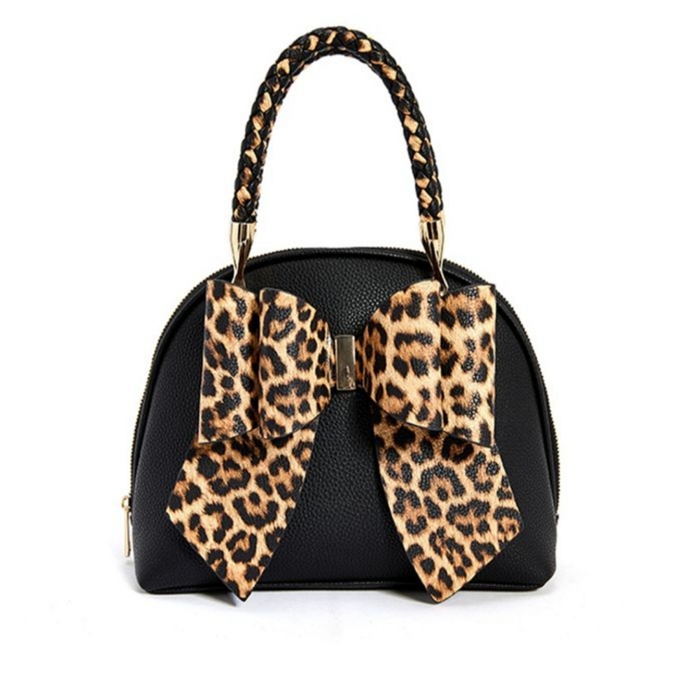 NWT LIKE DREAMS BLACK LEATHER CROSSBODY OR HANDBAG WITH  CHEETAH PRINT BOW